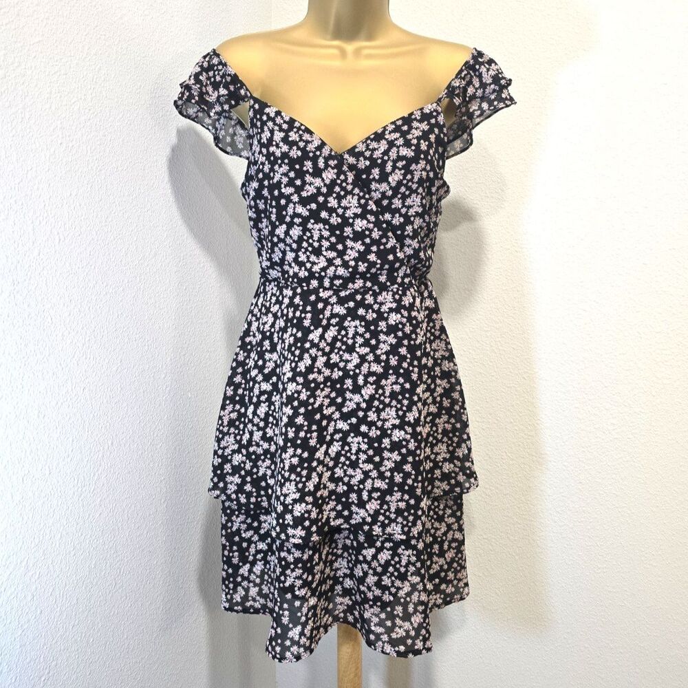 Altard State Off Shoulder Tiered Black Floral Dress Oversized XS Cottage Garden